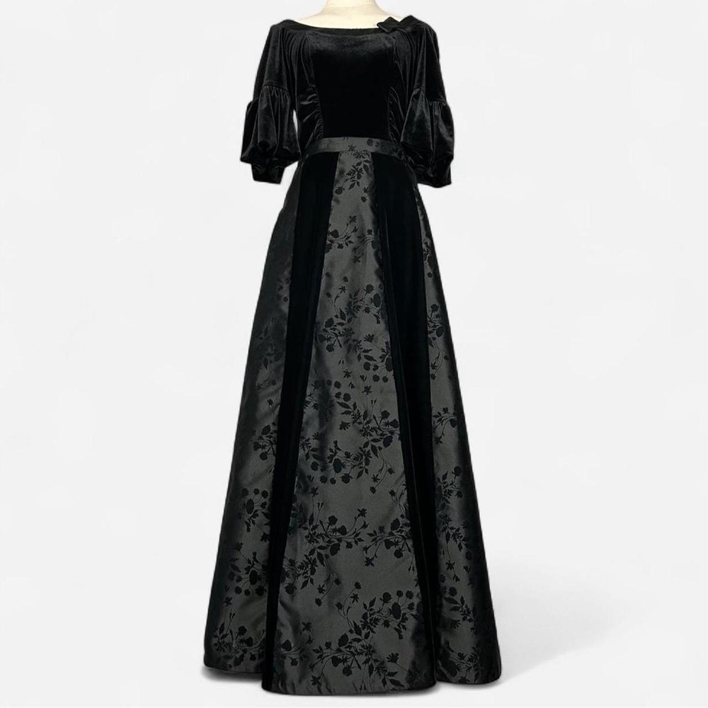 Vintage 90s Black Velvet Satin Floral Panel Midi Skirt Womens 6 Whimsigoth